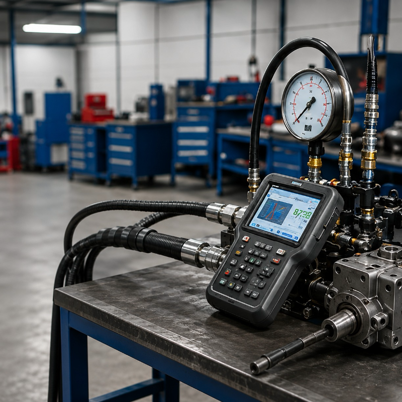 Technician taking live pressure readings from a hydraulic system with a digital diagnostic meter