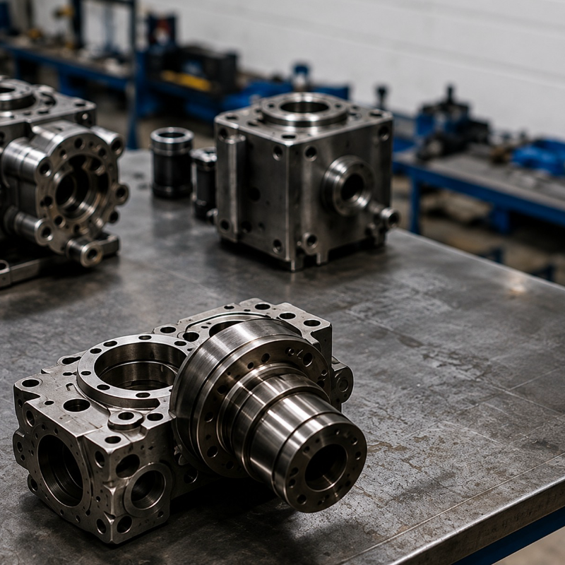 Stripped hydraulic valve blocks and cylinder barrels set out for wear evaluation