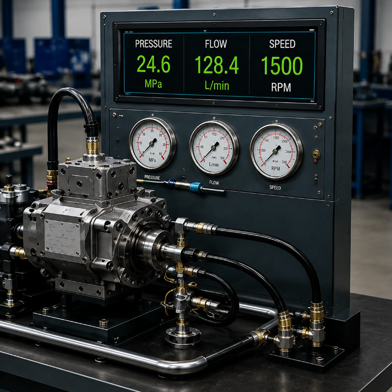 Test bench readout showing pressure, flow and speed during performance calibration