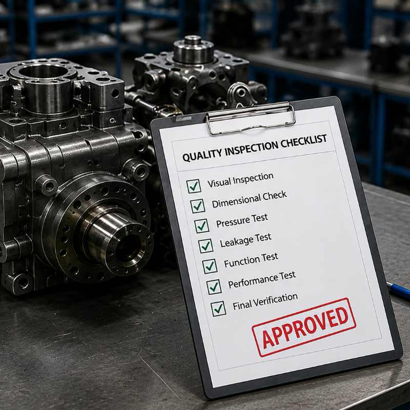 Signed quality inspection checklist stamped approved beside a finished hydraulic unit
